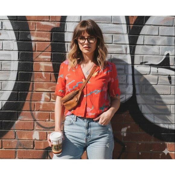 Carole Little St. Tropez West Silk Vintage Cropped Boho Hipster Whimsy Shirt M - Picture 3 of 12